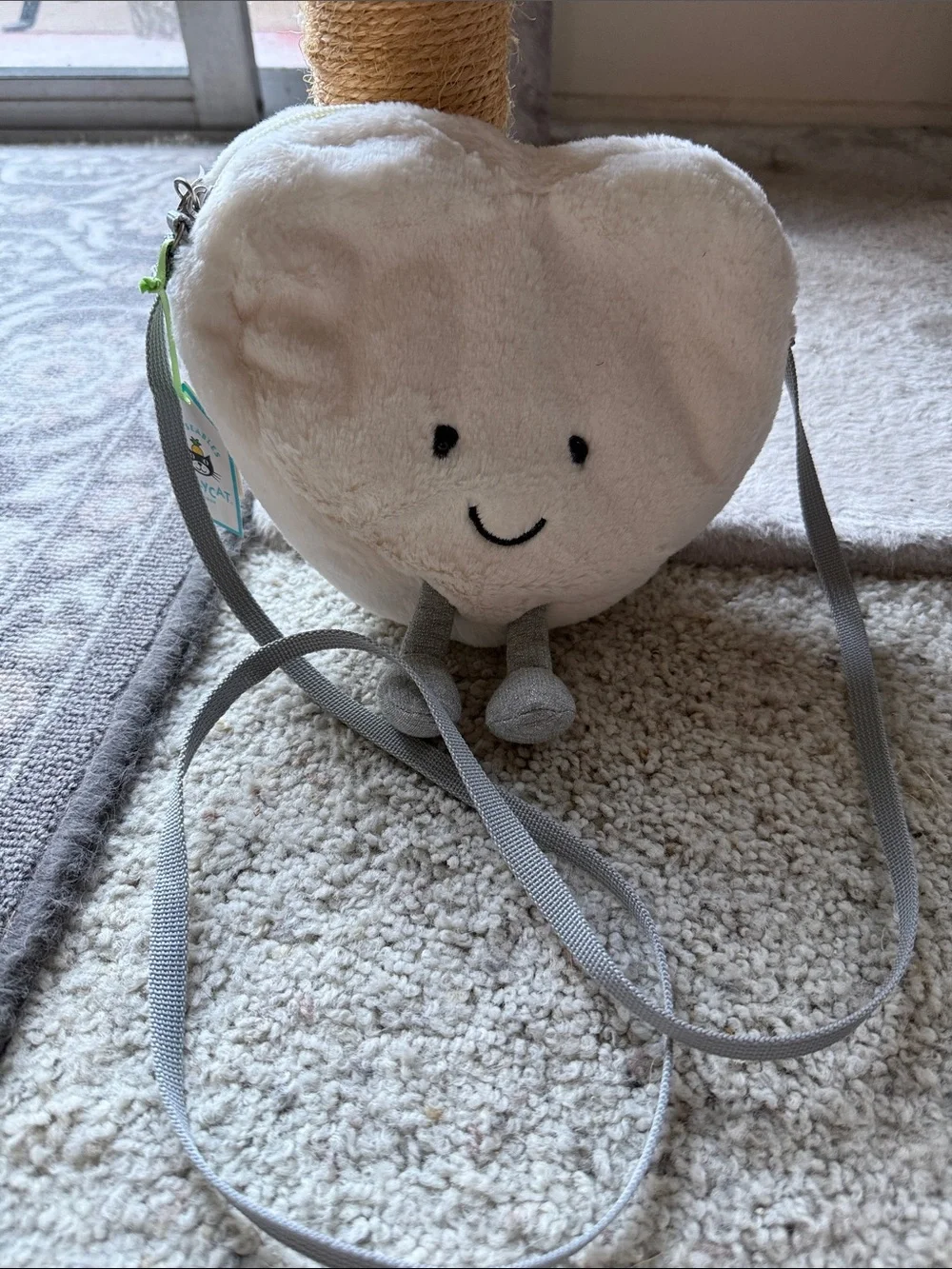 Jellycat Cream Plush Heart Crossbody Bag with Gray Strap